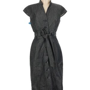 Calvin Klein Gray Midi Dress with Cap Sleeves and Mandarin Collar